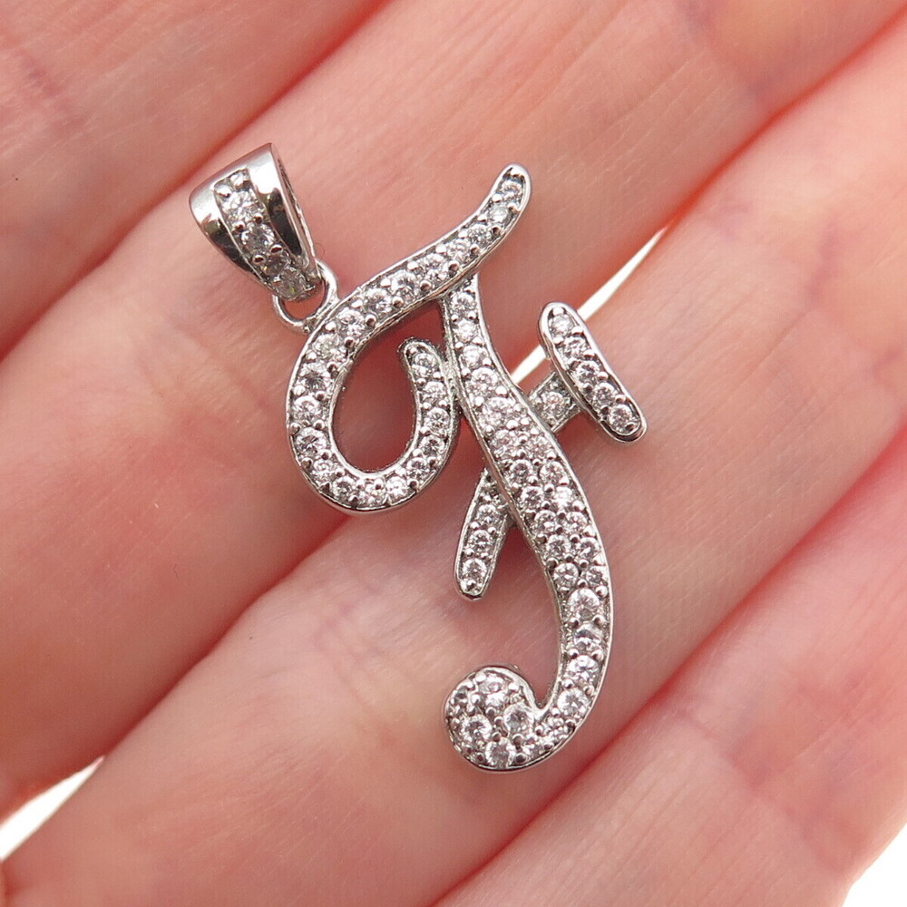 925 Sterling Silver Round-Cut C Z Letter F Initial Charm Pendant